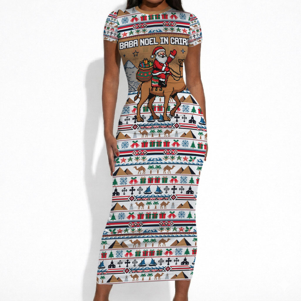 Egypt Christmas Baba Noel In Cairo Short Sleeve Bodycon Dress Santa On Camel Pyramids Coptic Church