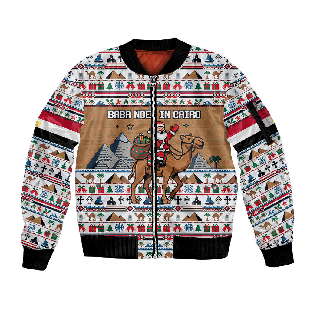 Egypt Christmas Baba Noel In Cairo Sleeve Zip Bomber Jacket Santa On Camel Pyramids Coptic Church