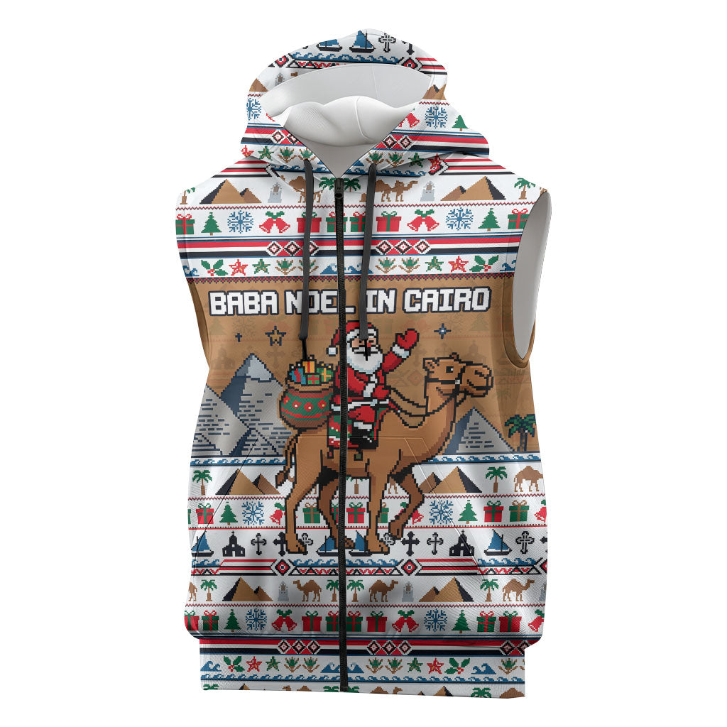 Egypt Christmas Baba Noel In Cairo Sleeveless Zip Hoodie Santa On Camel Pyramids Coptic Church