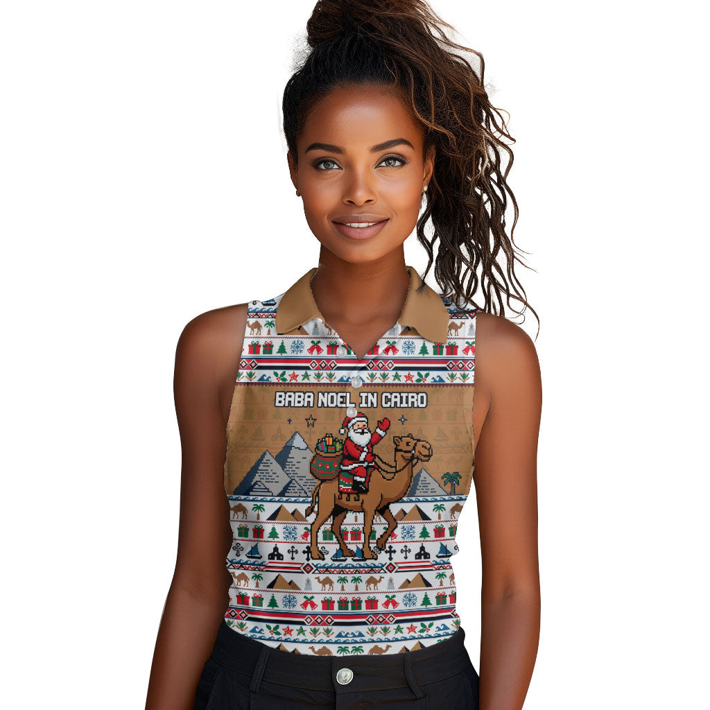 Egypt Christmas Baba Noel In Cairo Women Sleeveless Polo Shirt Santa On Camel Pyramids Coptic Church
