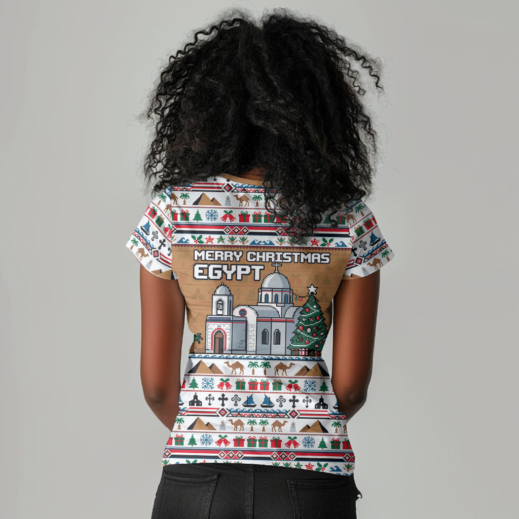 Egypt Christmas Baba Noel In Cairo Women V-Neck T-Shirt Santa On Camel Pyramids Coptic Church