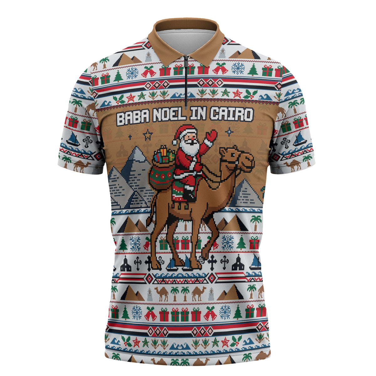 Egypt Christmas Baba Noel In Cairo Zipper Polo Shirt Santa On Camel Pyramids Coptic Church