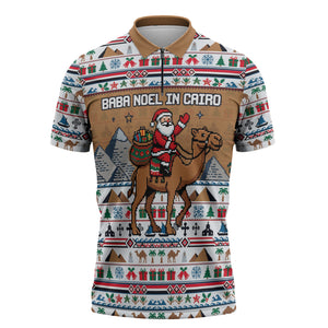 Egypt Christmas Baba Noel In Cairo Zipper Polo Shirt Santa On Camel Pyramids Coptic Church