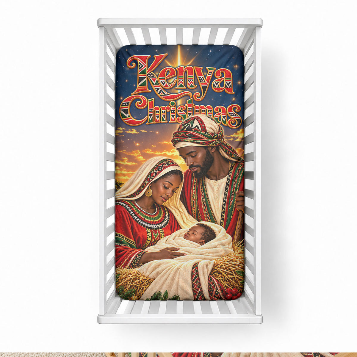 Kenya Christmas African Holy Family Baby Bed Cover Savanna Sunset Baby Jesus