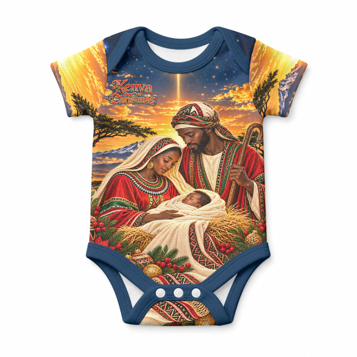 Kenya Christmas African Holy Family Baby Onesie Savanna Sunset Baby Jesus