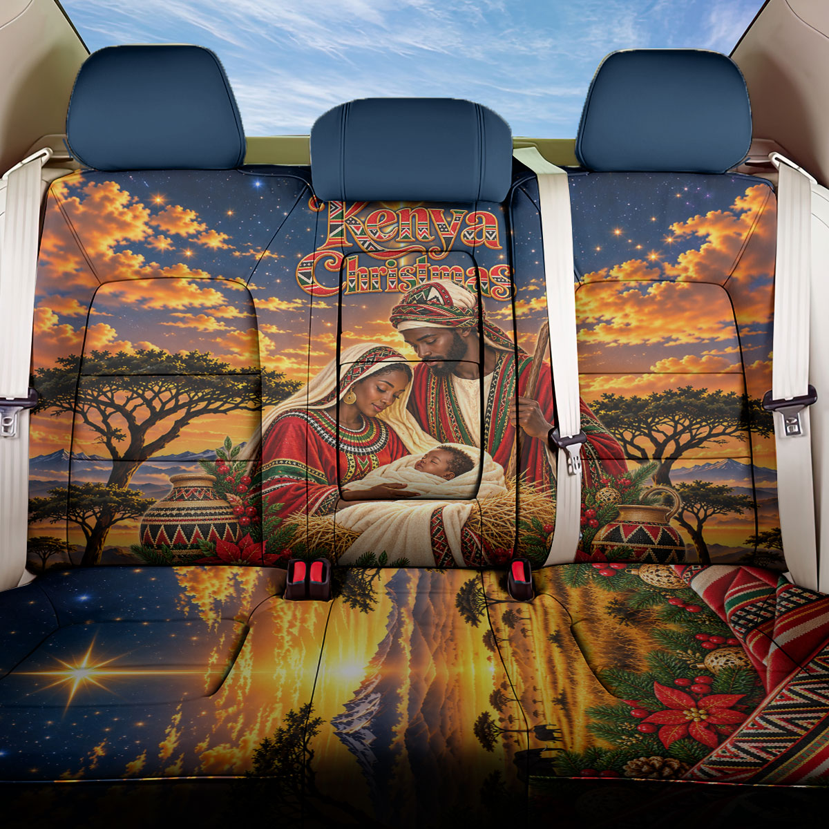 Kenya Christmas African Holy Family Back Car Seat Cover Savanna Sunset Baby Jesus