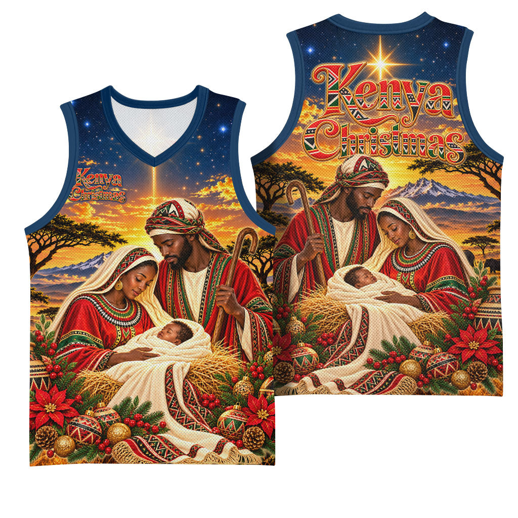 Kenya Christmas African Holy Family Basketball Jersey Savanna Sunset Baby Jesus