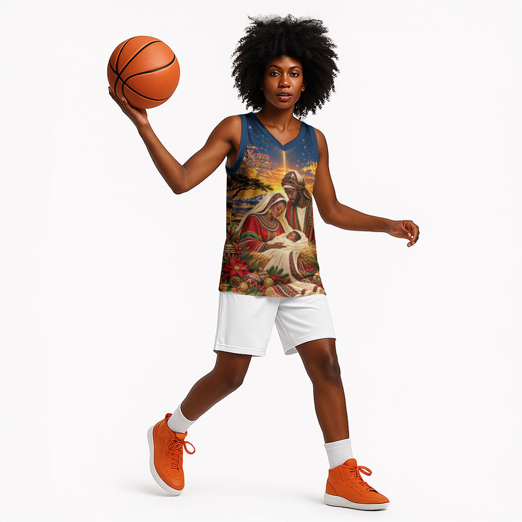 Kenya Christmas African Holy Family Basketball Jersey Savanna Sunset Baby Jesus