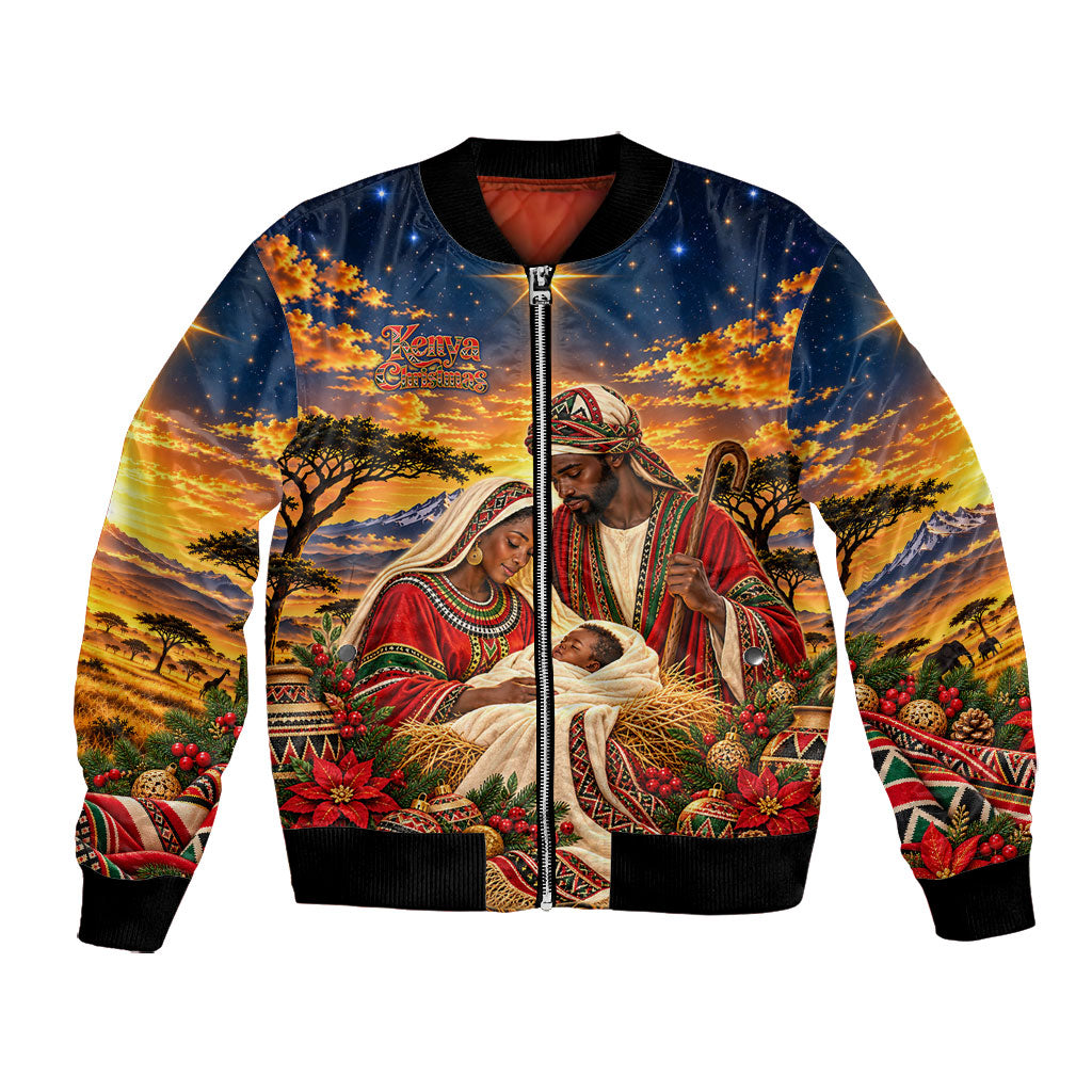 Kenya Christmas African Holy Family Bomber Jacket Savanna Sunset Baby Jesus