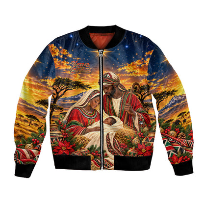 Kenya Christmas African Holy Family Bomber Jacket Savanna Sunset Baby Jesus