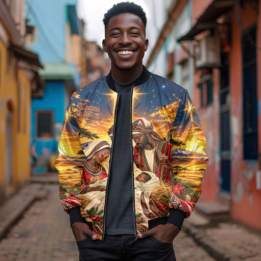 Kenya Christmas African Holy Family Bomber Jacket Savanna Sunset Baby Jesus