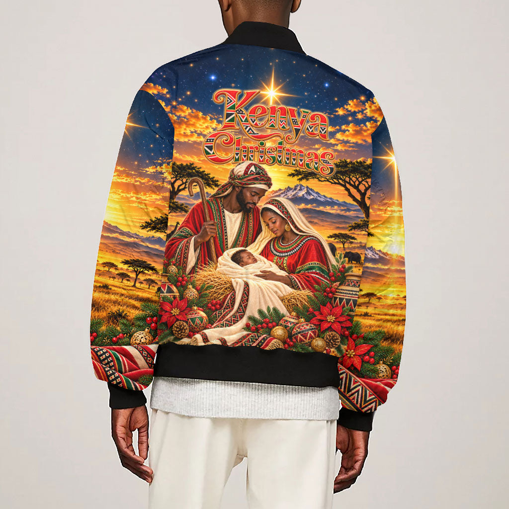 Kenya Christmas African Holy Family Bomber Jacket Savanna Sunset Baby Jesus