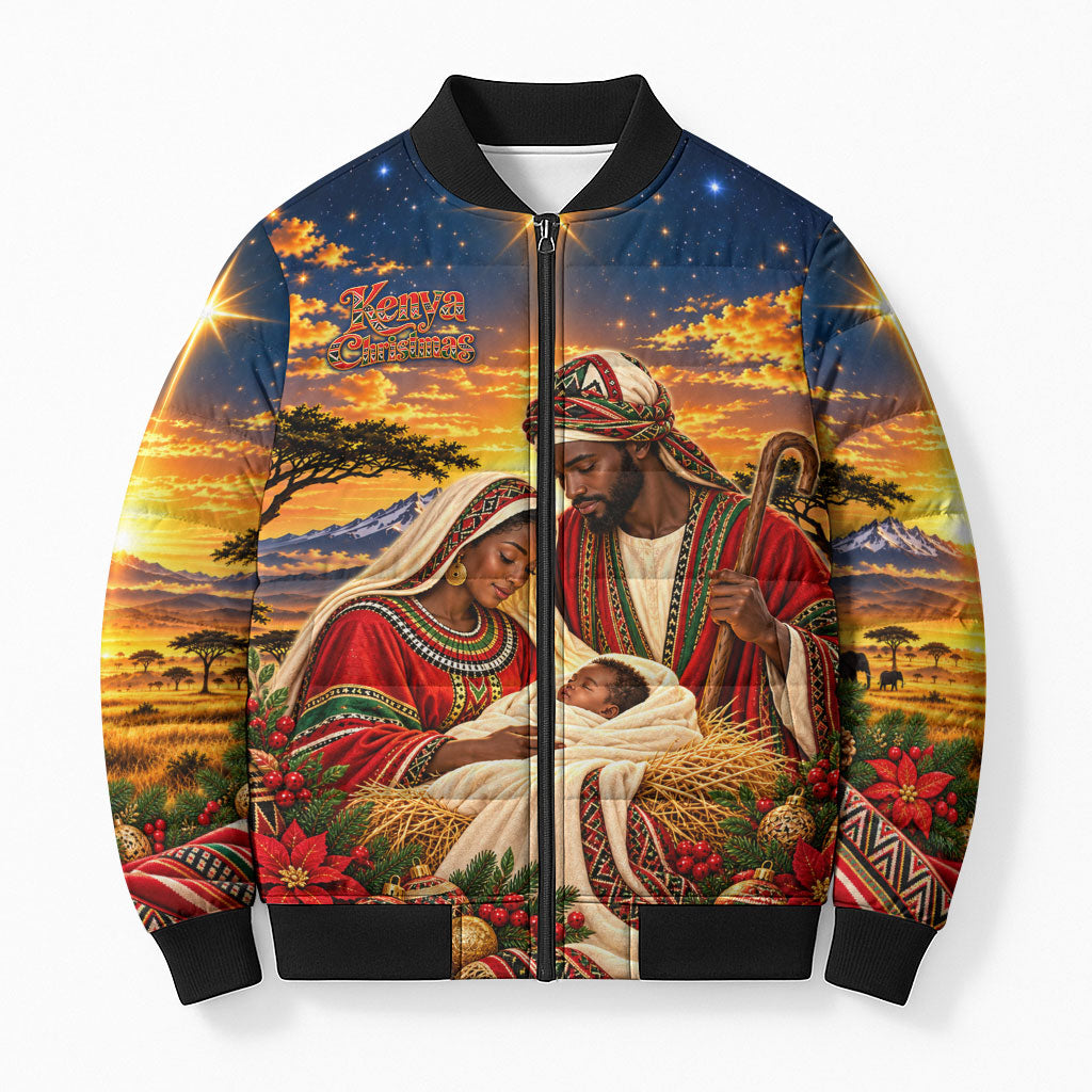 Kenya Christmas African Holy Family Bomber Puffer Jacket Savanna Sunset Baby Jesus