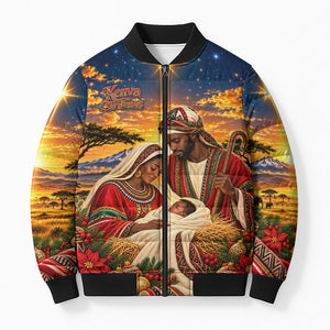 Kenya Christmas African Holy Family Bomber Puffer Jacket Savanna Sunset Baby Jesus