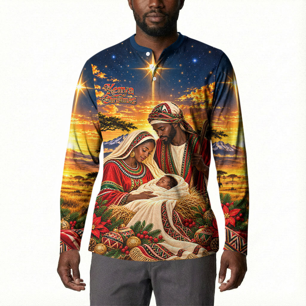 Kenya Christmas African Holy Family Button Sweatshirt Savanna Sunset Baby Jesus