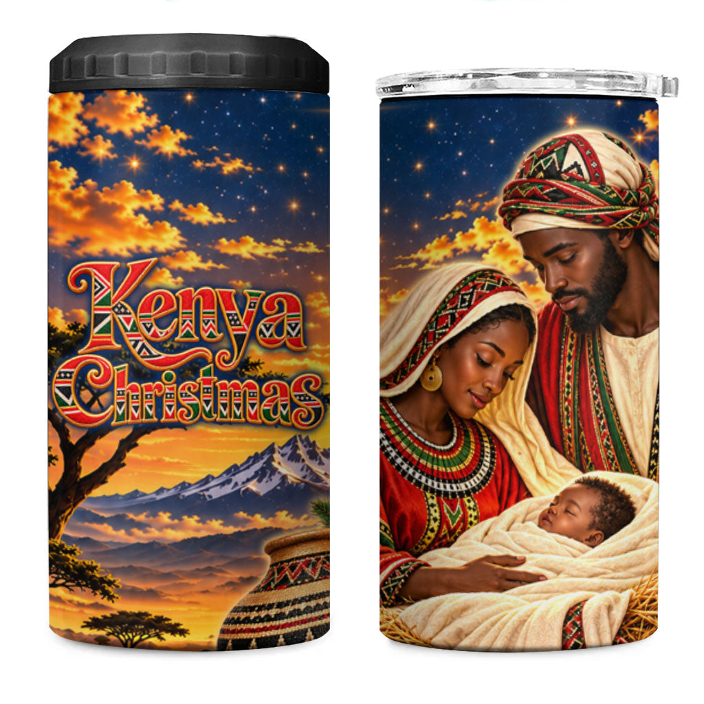Kenya Christmas African Holy Family 4 in 1 Can Cooler Tumbler Savanna Sunset Baby Jesus