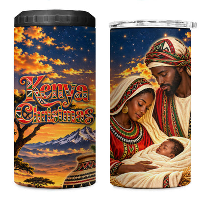 Kenya Christmas African Holy Family 4 in 1 Can Cooler Tumbler Savanna Sunset Baby Jesus