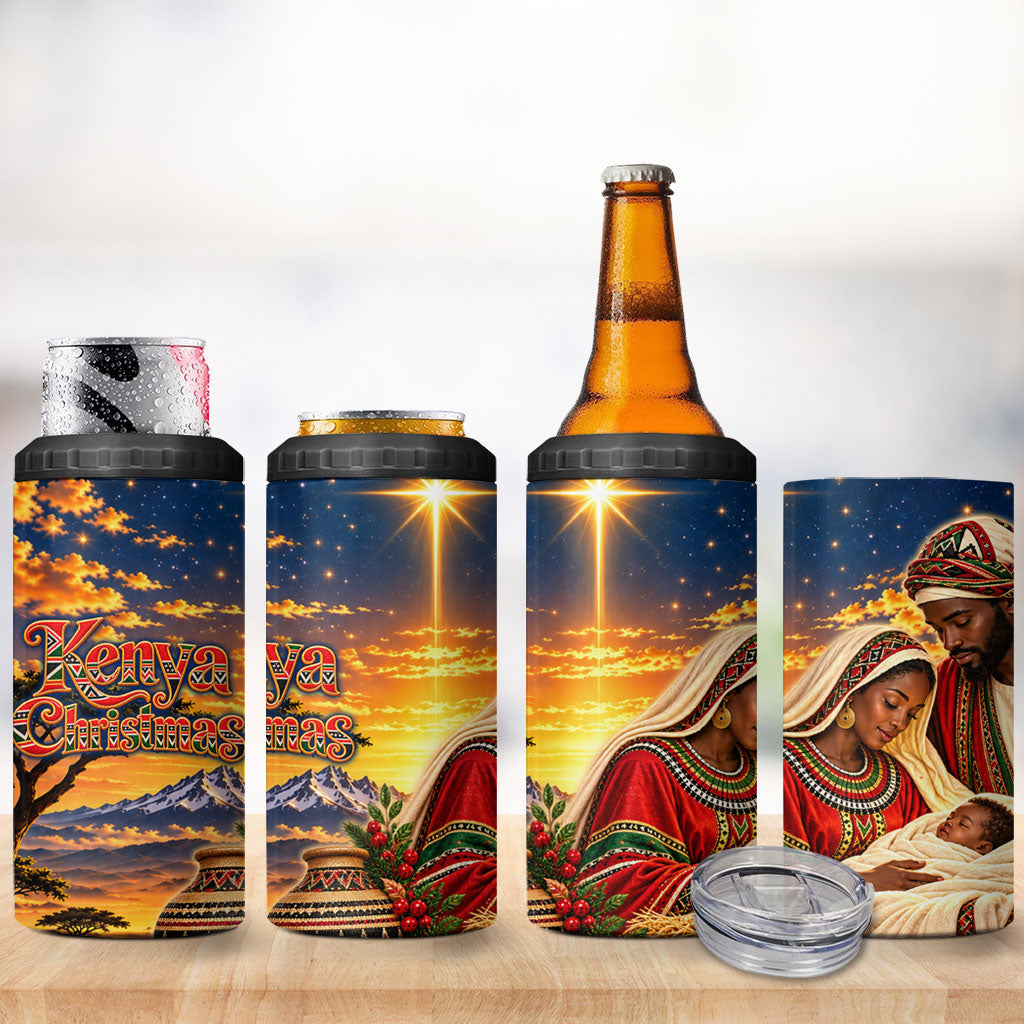 Kenya Christmas African Holy Family 4 in 1 Can Cooler Tumbler Savanna Sunset Baby Jesus