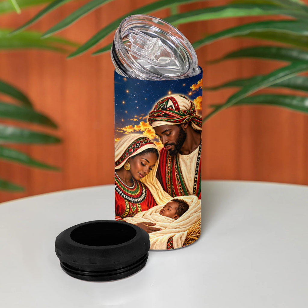 Kenya Christmas African Holy Family 4 in 1 Can Cooler Tumbler Savanna Sunset Baby Jesus