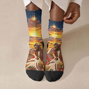 Kenya Christmas African Holy Family Crew Socks Savanna Sunset Baby Jesus