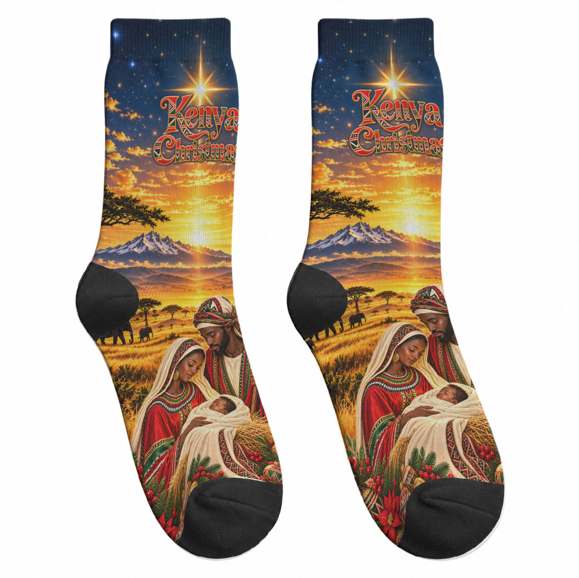 Kenya Christmas African Holy Family Crew Socks Savanna Sunset Baby Jesus