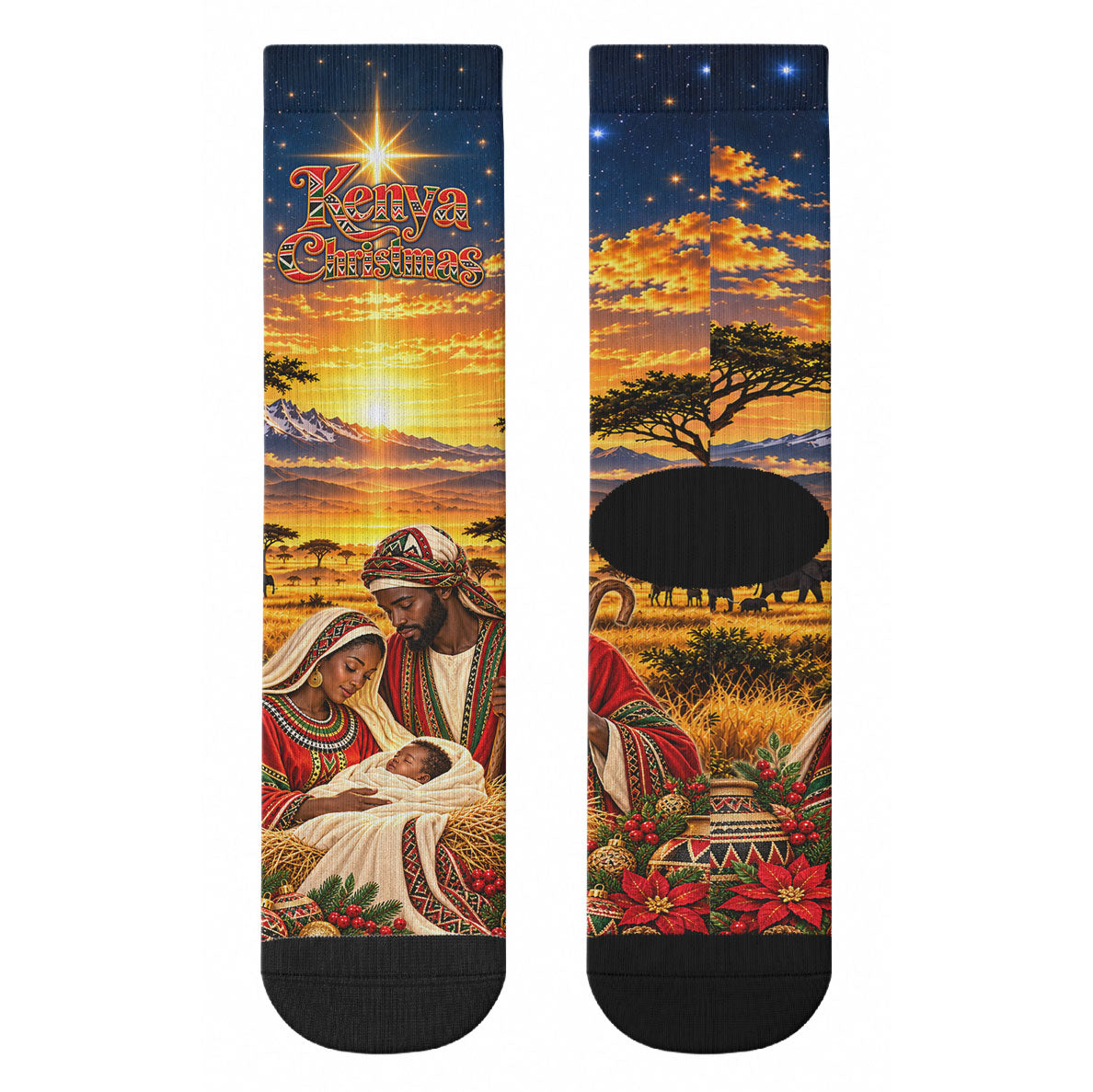 Kenya Christmas African Holy Family Crew Socks Savanna Sunset Baby Jesus