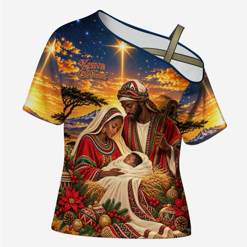 Kenya Christmas African Holy Family Cross Shoulder Shirt Savanna Sunset Baby Jesus