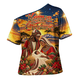 Kenya Christmas African Holy Family Cross Shoulder Shirt Savanna Sunset Baby Jesus