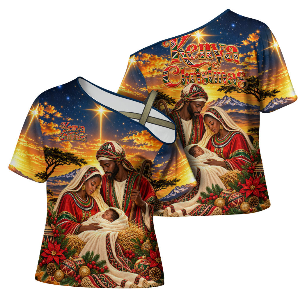 Kenya Christmas African Holy Family Cross Shoulder Shirt Savanna Sunset Baby Jesus