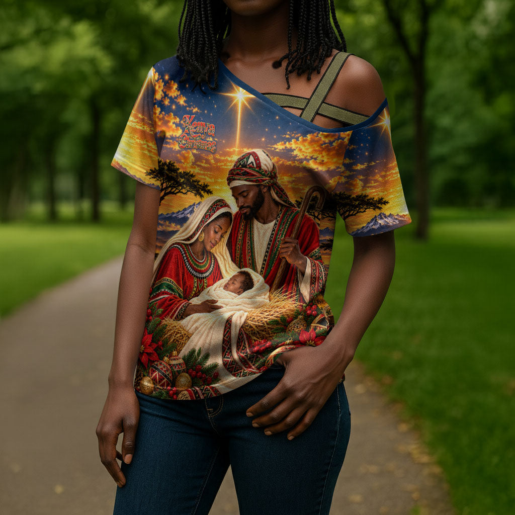 Kenya Christmas African Holy Family Cross Shoulder Shirt Savanna Sunset Baby Jesus