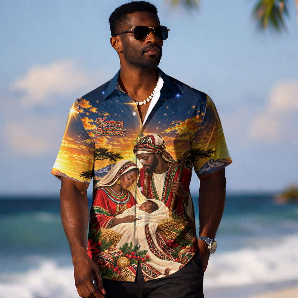 Kenya Christmas African Holy Family Hawaiian Shirt Savanna Sunset Baby Jesus