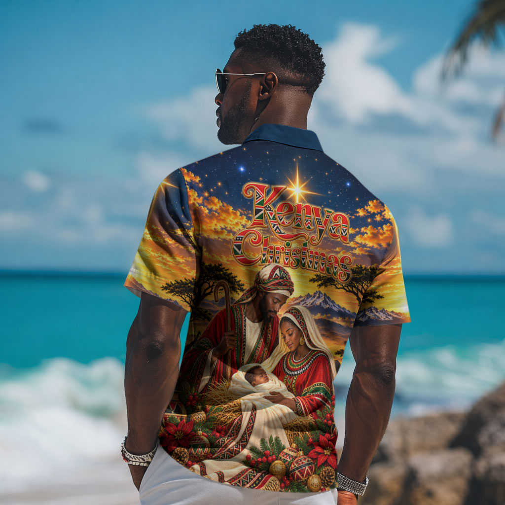 Kenya Christmas African Holy Family Hawaiian Shirt Savanna Sunset Baby Jesus