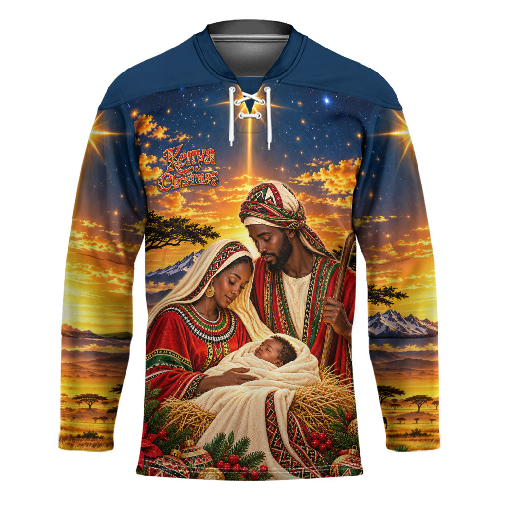 Kenya Christmas African Holy Family Hockey Jersey Savanna Sunset Baby Jesus