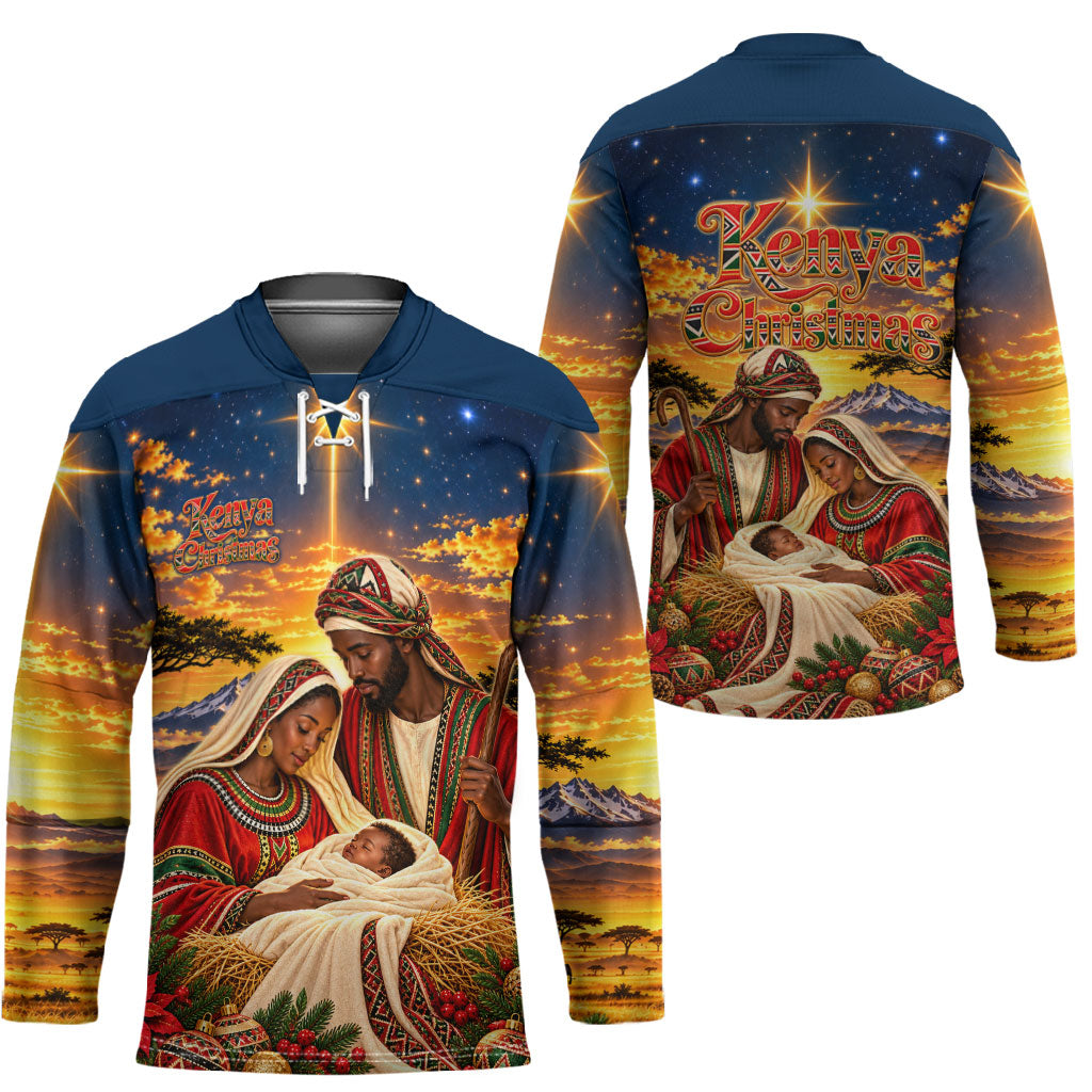 Kenya Christmas African Holy Family Hockey Jersey Savanna Sunset Baby Jesus