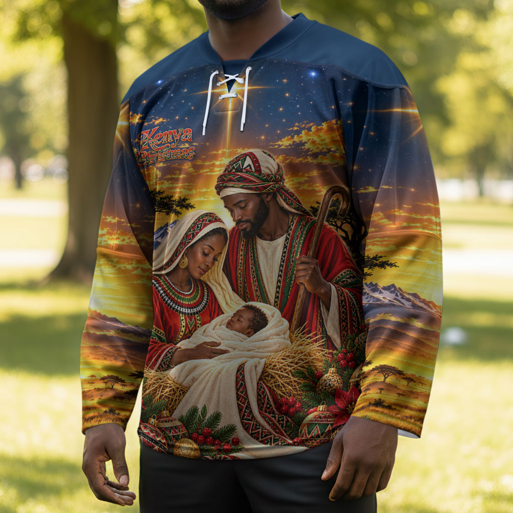 Kenya Christmas African Holy Family Hockey Jersey Savanna Sunset Baby Jesus