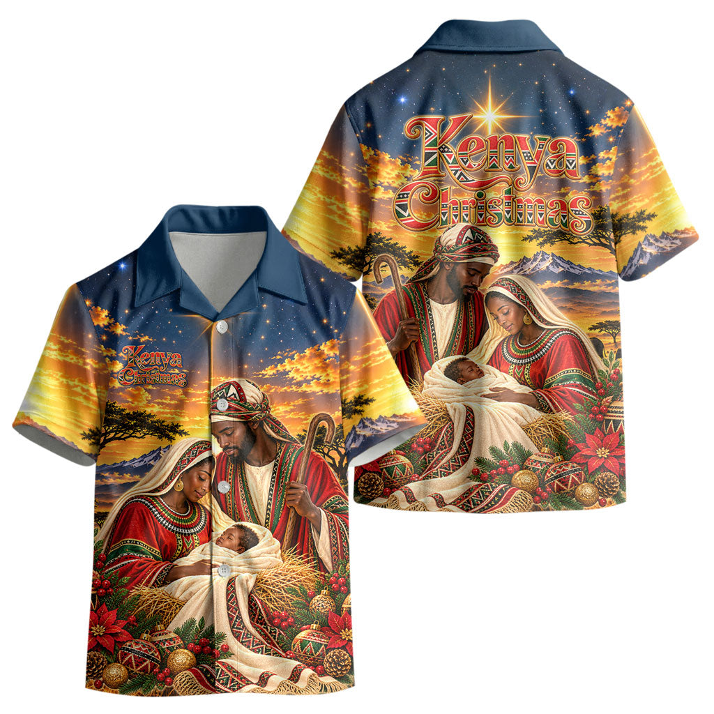 Kenya Christmas African Holy Family Kid Hawaiian Shirt Savanna Sunset Baby Jesus