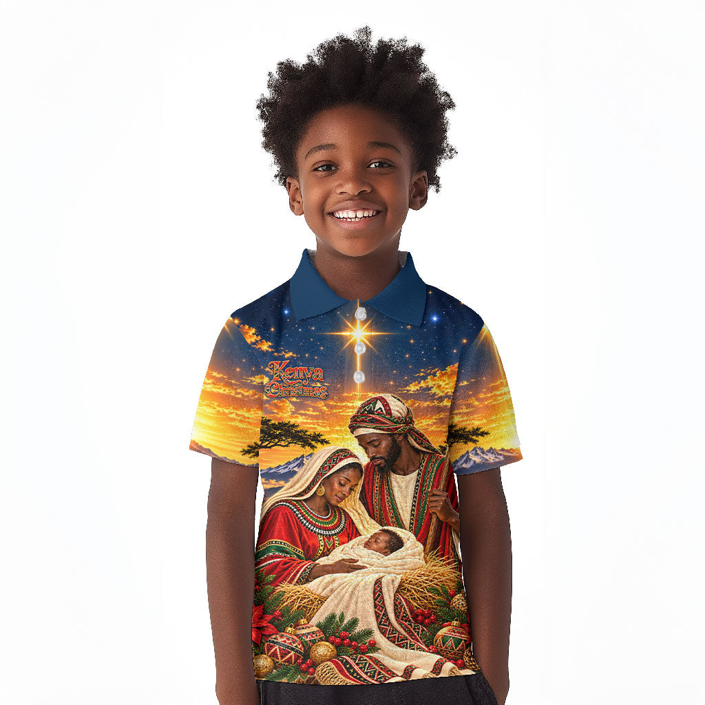 Kenya Christmas African Holy Family Kid Polo Shirt Savanna Sunset Baby Jesus