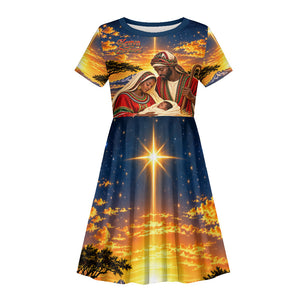 Kenya Christmas African Holy Family Kid Short Sleeve Dress Savanna Sunset Baby Jesus
