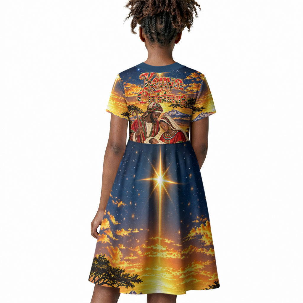 Kenya Christmas African Holy Family Kid Short Sleeve Dress Savanna Sunset Baby Jesus