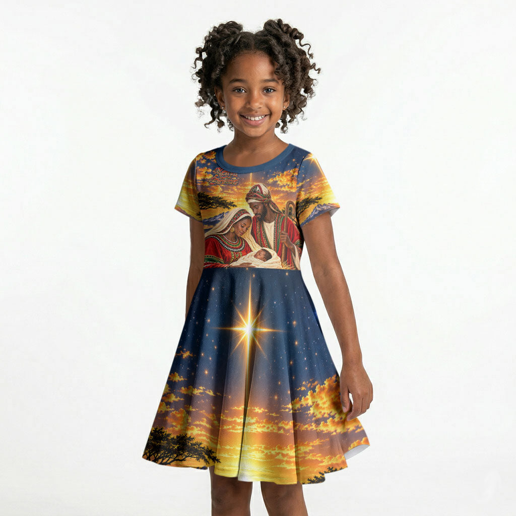 Kenya Christmas African Holy Family Kid Short Sleeve Dress Savanna Sunset Baby Jesus