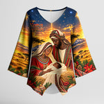 Kenya Christmas African Holy Family Kimono Sleeve Blouse Savanna Sunset Baby Jesus