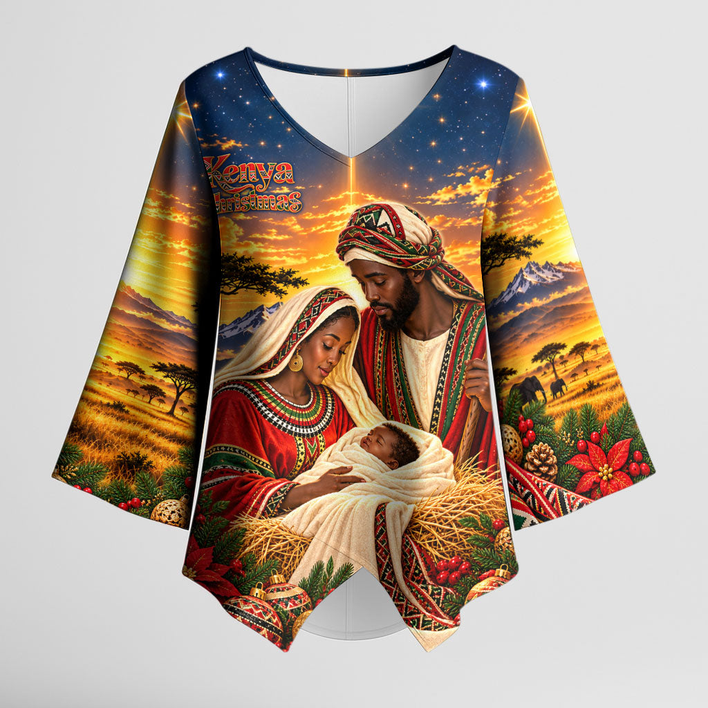 Kenya Christmas African Holy Family Kimono Sleeve Blouse Savanna Sunset Baby Jesus