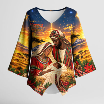 Kenya Christmas African Holy Family Kimono Sleeve Blouse Savanna Sunset Baby Jesus