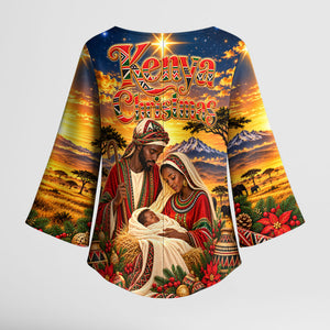 Kenya Christmas African Holy Family Kimono Sleeve Blouse Savanna Sunset Baby Jesus