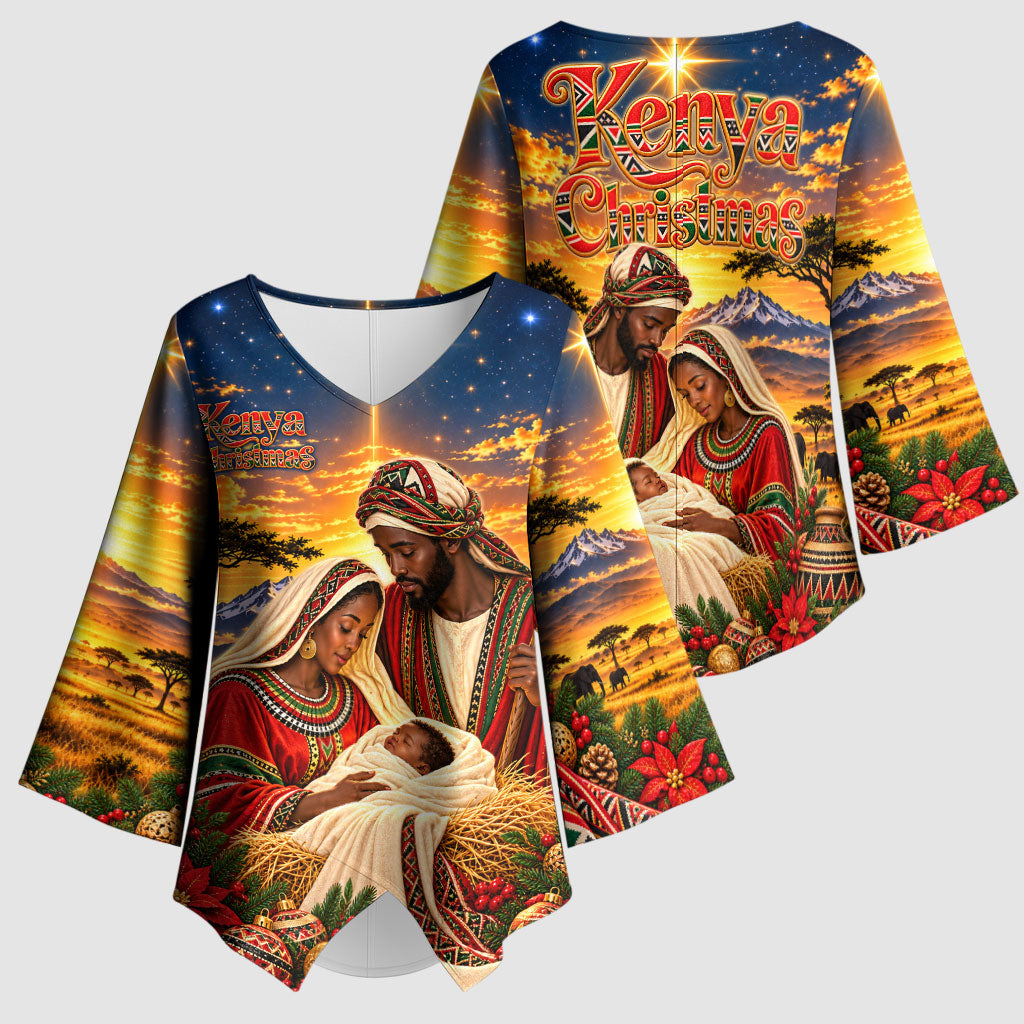 Kenya Christmas African Holy Family Kimono Sleeve Blouse Savanna Sunset Baby Jesus