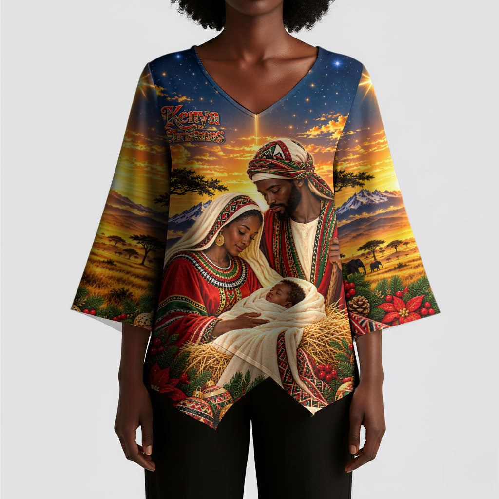 Kenya Christmas African Holy Family Kimono Sleeve Blouse Savanna Sunset Baby Jesus