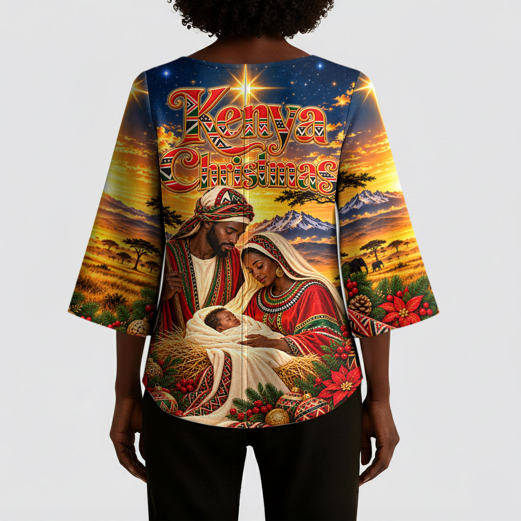 Kenya Christmas African Holy Family Kimono Sleeve Blouse Savanna Sunset Baby Jesus