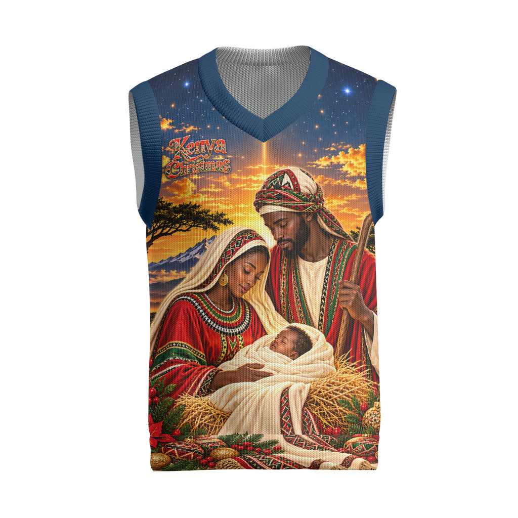 Kenya Christmas African Holy Family Christmas Knitted V-Neck Vest Savanna Sunset Baby Jesus