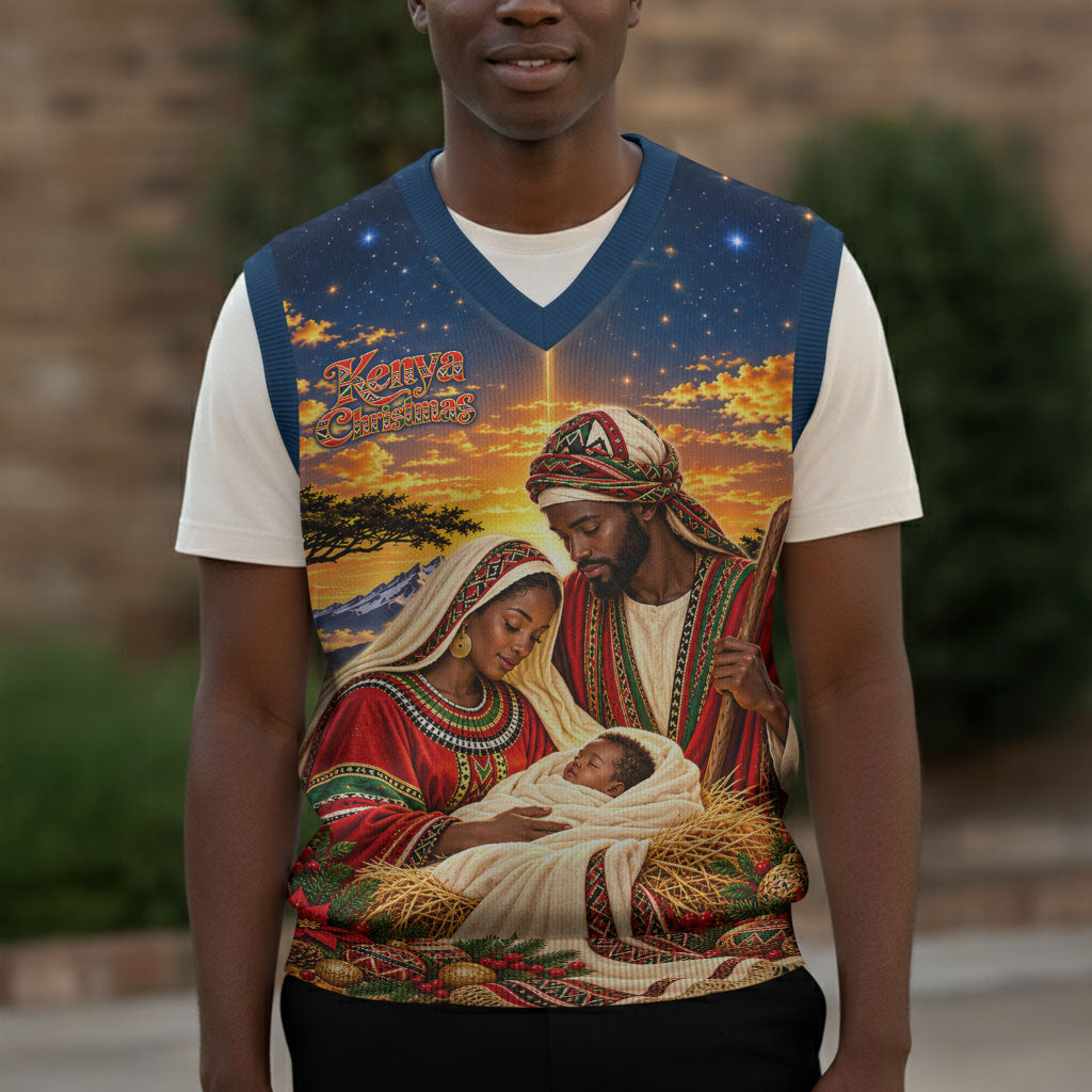 Kenya Christmas African Holy Family Christmas Knitted V-Neck Vest Savanna Sunset Baby Jesus