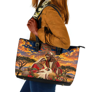 Kenya Christmas African Holy Family Leather Tote Bag Savanna Sunset Baby Jesus